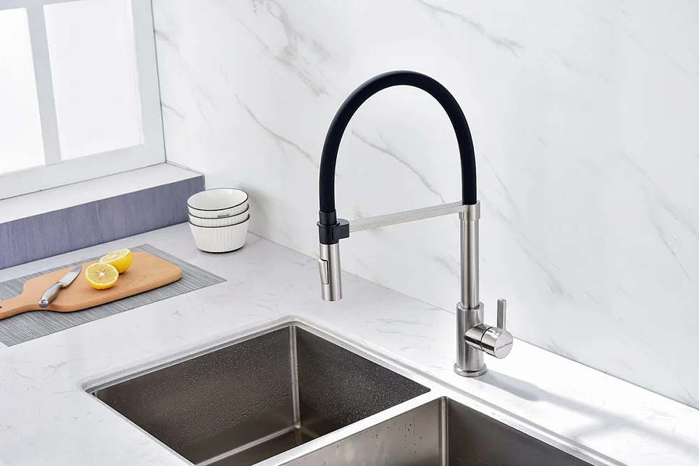 Смеситель для кухни Paulmark Halt Ha214021-Ni, никель, с гибким изливом Sancos — официальный сайт