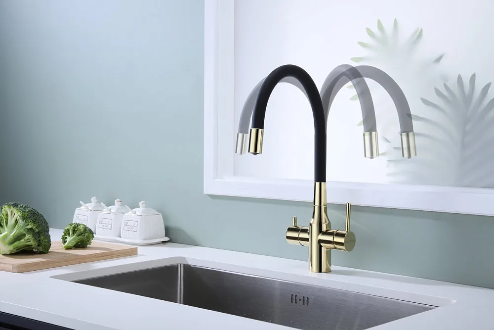 Смеситель для кухни Paulmark Salix 213419-G, золото, черный, с гибким изливом Sancos — официальный сайт