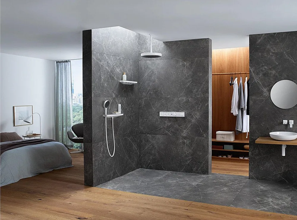 Шланговое подключение Hansgrohe Rainfinity Porter 500 26843700, с полкой и держателем Sancos — официальный сайт