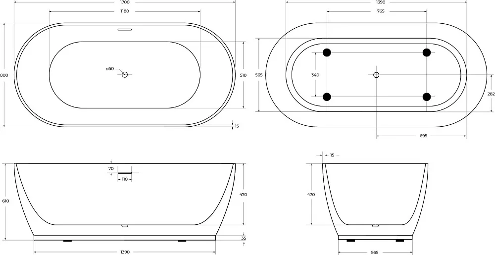 Акриловая ванна BelBagno BB413 170x80 см, отдельностоящая, белая, овальная, со сливом-переливом, с д Sancos — официальный сайт