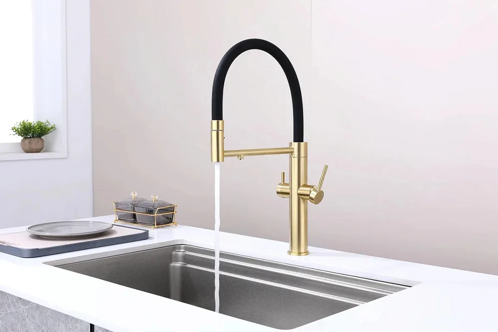 Смеситель для кухни Paulmark Nexus Ne213999-LG с гибким изливом, светлое золото Sancos — официальный сайт
