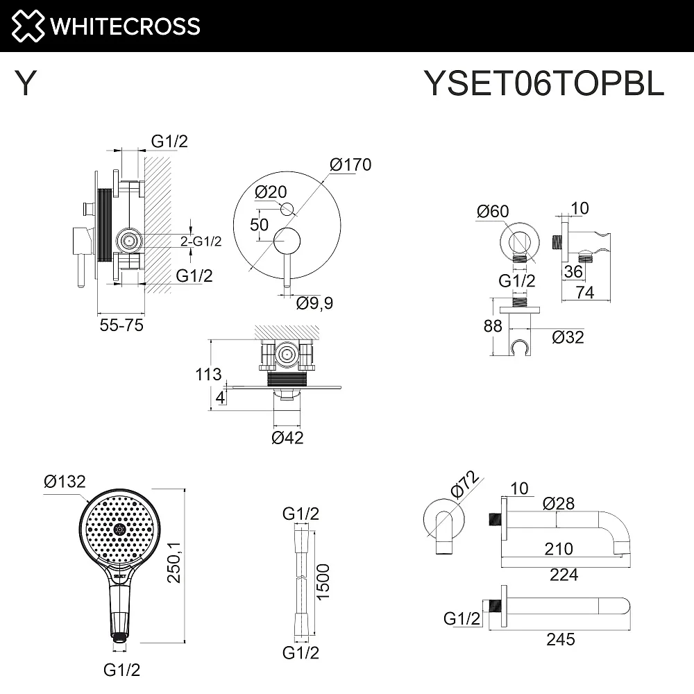 Душевой комплект WHITECROSS Y YSET06TOPBL, С ВНУТРЕННЕЙ ЧАСТЬЮ, черный матовый Sancos — официальный сайт