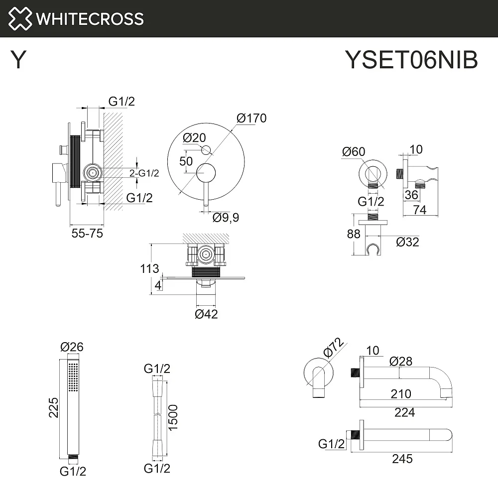 Душевой комплект WHITECROSS Y YSET06NIB, С ВНУТРЕННЕЙ ЧАСТЬЮ, брашированный никель Sancos — официальный сайт