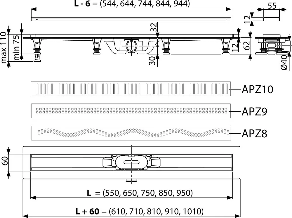 Душевой трап (лоток) AlcaPlast APZ10-Simple 550, с решеткой и опорами Sancos — официальный сайт