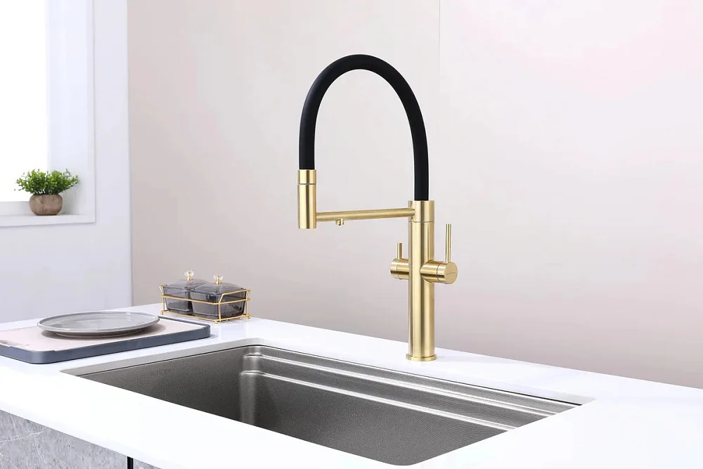 Смеситель для кухни Paulmark Nexus Ne213999-LG с гибким изливом, светлое золото Sancos — официальный сайт