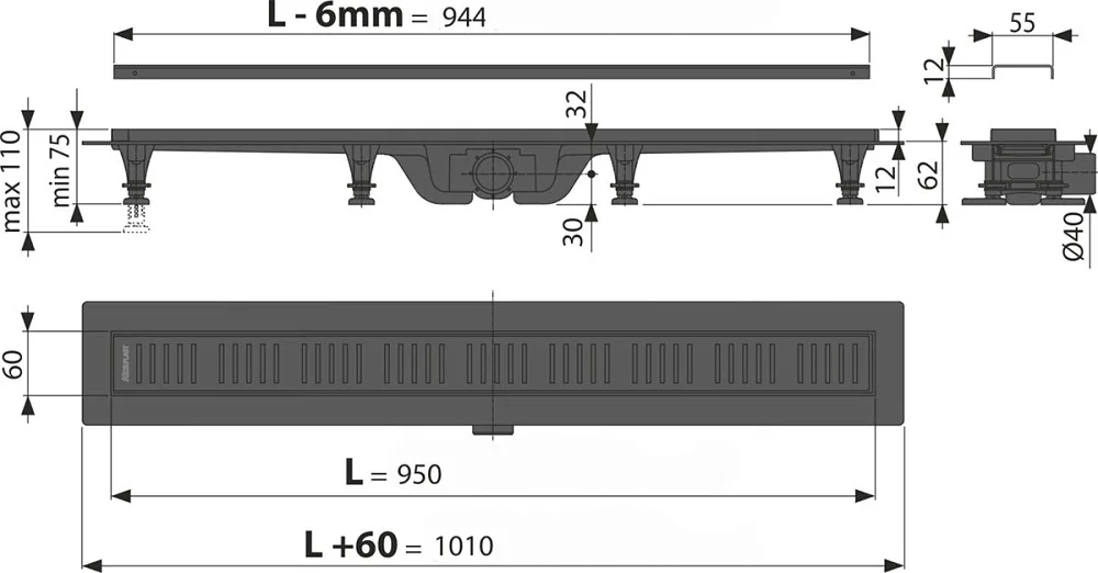 Душевой трап (лоток) AlcaPlast APZ10Black APZ10BLACK-950M, с решеткой и опорами Sancos — официальный сайт