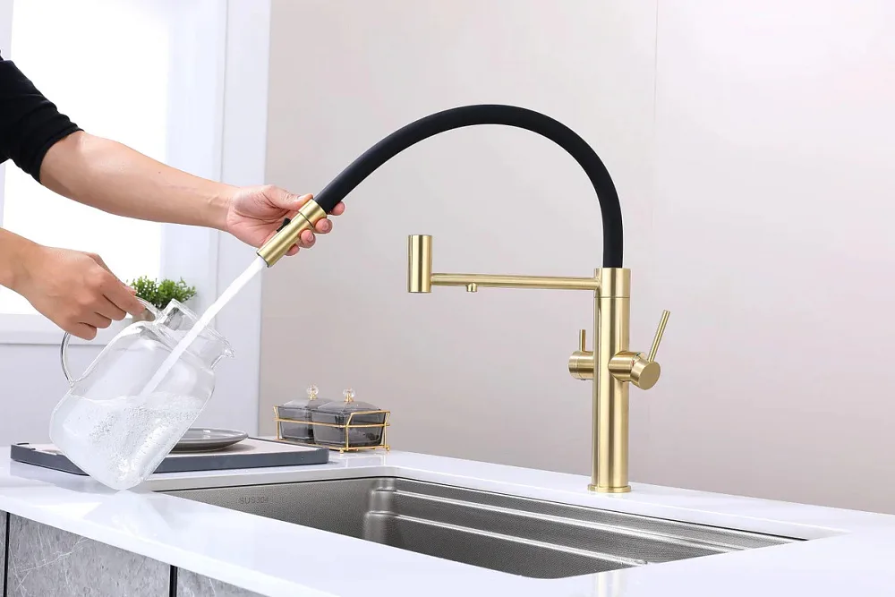 Смеситель для кухни Paulmark Nexus Ne213999-LG с гибким изливом, светлое золото Sancos — официальный сайт