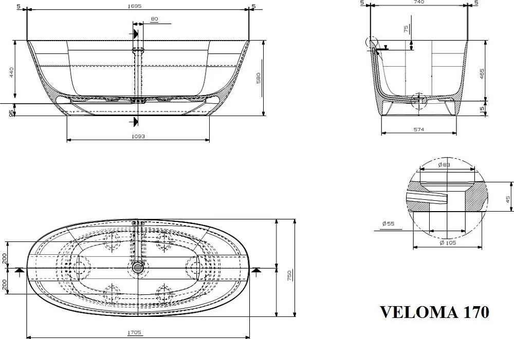 Ванна из искусственного камня Plumberia Selection Veloma 170x75 см, отдельностоящая, биколор матовый Sancos — официальный сайт