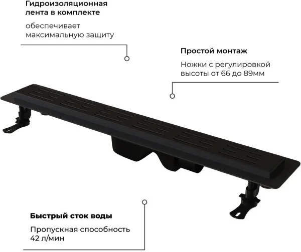 Душевой трап (лоток) RGW Drain Leo-30, черный, 60 см Sancos — Оригинал