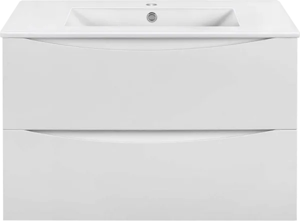 Тумба под раковину без столешницы Vincea Mia Slim 80, подвесная, 2 ящика, белая глянцевая Sancos — Оригинал