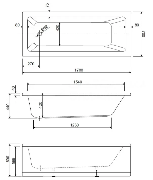 Акриловая ванна Cezares Plane Solo Mini 170-70-42-W37 без опоры 170x70 см, пристенная, белая Sancos — официальный сайт