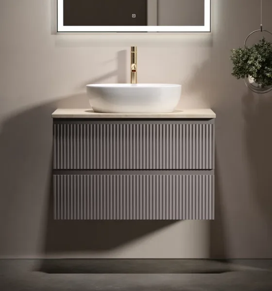 Тумба с раковиной Sancos Snob R 80 см, doha soft, столешница бежевая, раковина CN6019 Sancos — Оригинал