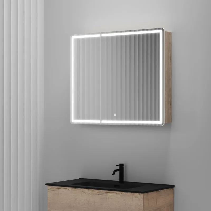 Зеркало-шкаф Sancos Mirror 90 с подсветкой, дуб галифакс натуральный Sancos — официальный сайт