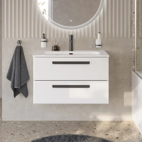 Тумба под раковину без столешницы Cezares Eco Cer-N 80 bianco lucido, ручки матовые черные Sancos — Оригинал