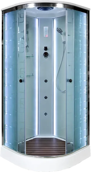 Душевая кабина DTO EM1590 90х90, LED с гидромассажем, профиль хром, стекло матовое с узором Sancos — Оригинал