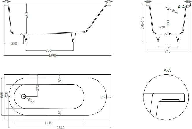 Ванна из искусственного камня Salini Ornella S-Sense 170x75 см, встраиваемая, белая, на ножках Sancos — официальный сайт