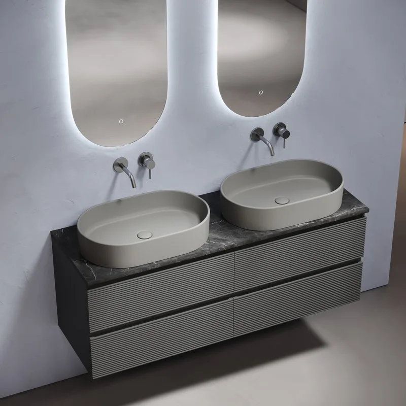 Тумба с раковиной Sancos Folk 140 grey soft, столешница черный мрамор TT140A1, раковина CN6048MH Sancos — официальный сайт