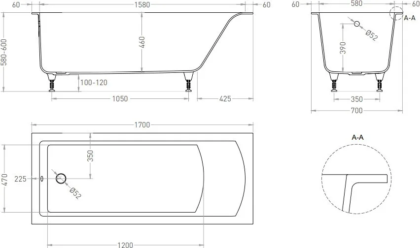 Ванна из искусственного камня Salini Cascata S-Sense 170x70 см, встраиваемая, матовая белая, на ножк Sancos — официальный сайт
