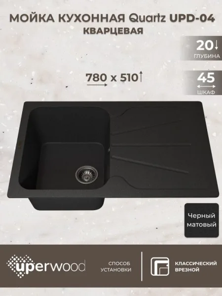 Кухонная мойка кварцевая Uperwood Quartz UPD-04-04, прямоугольная, черная Sancos — Оригинал