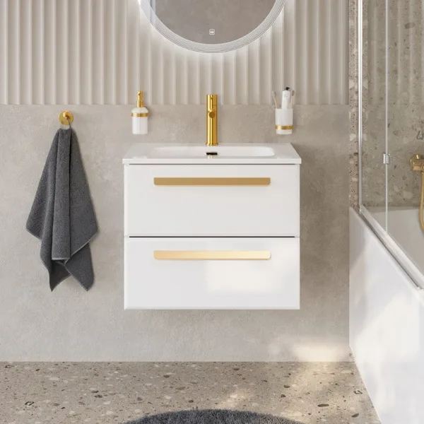 Тумба под раковину без столешницы Cezares Eco Cer-N 60 bianco lucido, ручки сатиновое золото Sancos — Оригинал