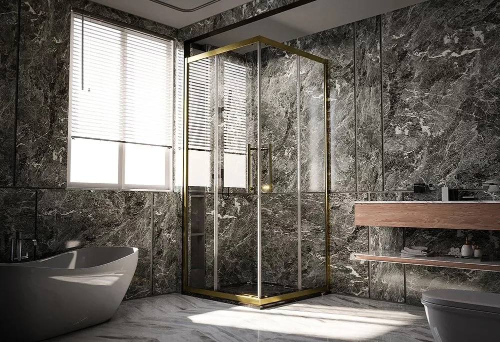 Душевой уголок Veconi Premium Trento PTC-20G 100x90, профиль брашированное золото, стекло прозрачное Sancos — официальный сайт