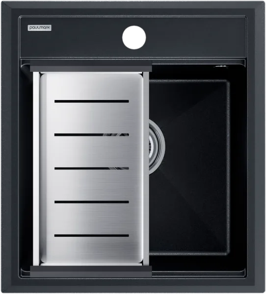 Мойка кухонная Paulmark Stepia PM114651-BLM+A375-BS с коландером, черный металлик Sancos — Оригинал