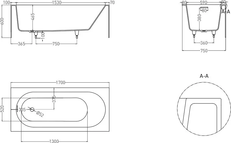 Ванна из искусственного камня Salini Fabia S-Sense 170x75 см, пристенная, белая, с донным клапаном Sancos — официальный сайт
