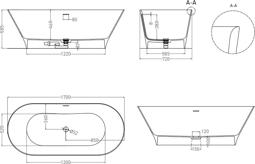 Ванна из искусственного камня Salini Mona S-Sense 170x70 см, отдельностоящая, белая, овальная, с дон Sancos — официальный сайт