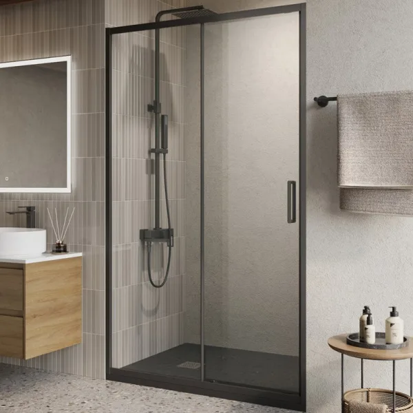 Душевая дверь в нишу BelBagno Luce BF-1-120-C-NERO профиль матовый черный, стекло прозрачное Sancos — Оригинал
