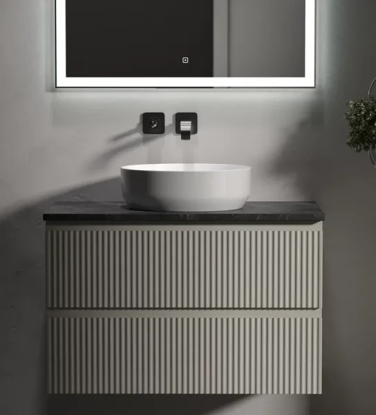 Тумба с раковиной Sancos Snob R 80 см, beige soft, столешница черный мрамор, раковина CN6022 Sancos — Оригинал