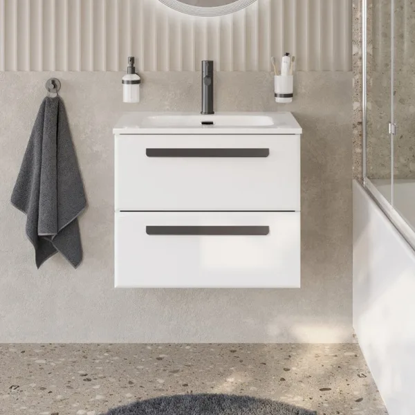 Тумба под раковину без столешницы Cezares Eco Cer-N 60 bianco lucido, ручки матовые черные Sancos — Оригинал