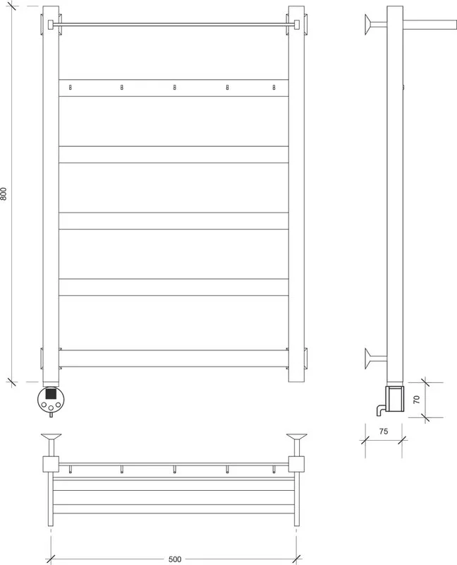 Полотенцесушитель электрический Secado Комано 1 КСП , 80x50 ТЭН квадратный, черный матовый, L Sancos — официальный сайт