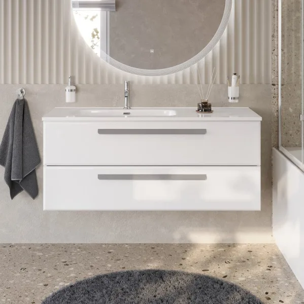 Тумба под раковину без столешницы Cezares Eco Cer-N 120 L bianco lucido, ручки серые Sancos — Оригинал
