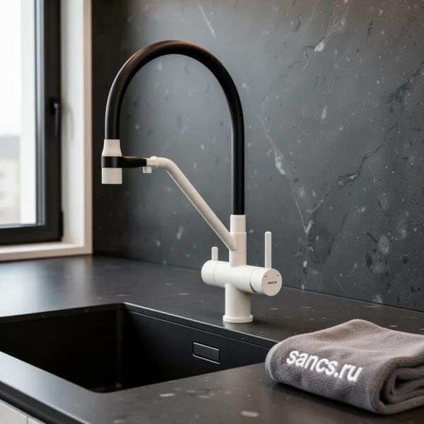 Смеситель для кухни Sancos Dora SC4003GR с гибким изливом, белый гранит Sancos — Оригинал