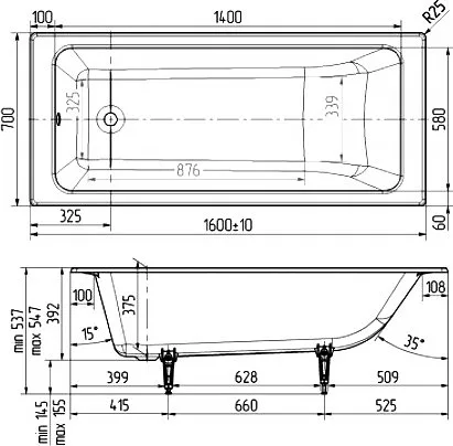 Чугунная ванна Wotte Line 1 160x70 см, пристенная Sancos — официальный сайт
