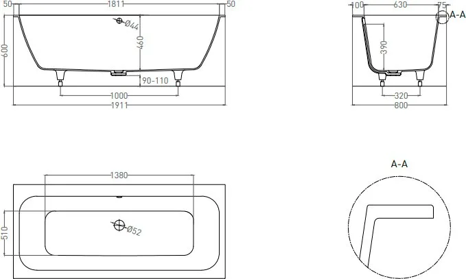 Ванна из искусственного камня Salini Orlanda Axis S-Sense 190x80 см, встраиваемая, матовая белая, на Sancos — официальный сайт