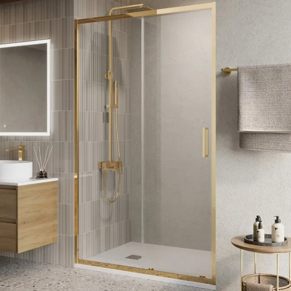 Душевая дверь в нишу BelBagno Luce BF-1-120-C-ORO профиль золото, стекло прозрачное Sancos — Оригинал