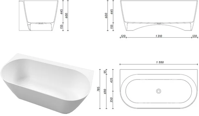 Ванна из искусственного камня WHITECROSS Pearl B 155x80 см, пристенная, белая, овальная, с донным кл Sancos — официальный сайт