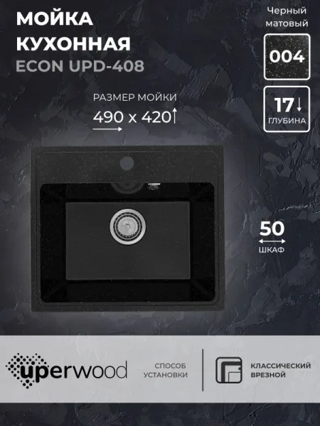 Кухонная мойка из искусственного камня Uperwood ECON UPD-408-004, прямоугольная, черная матовая Sancos — Оригинал