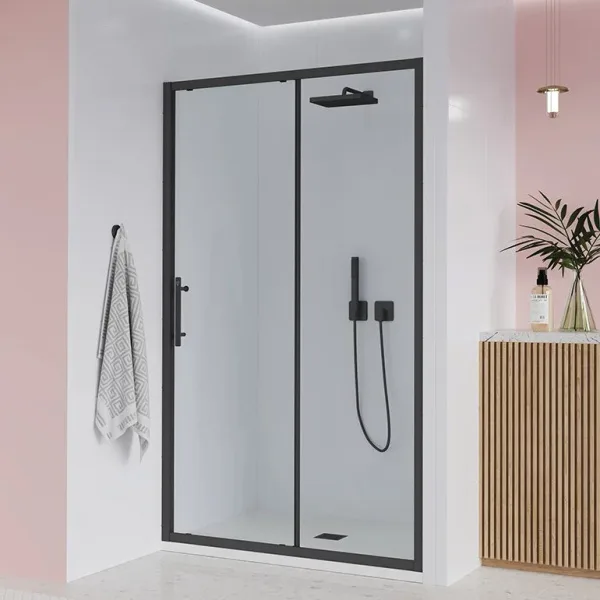 Душевая дверь в нишу Veconi Evo 100 B 120 см, профиль матовый черный, стекло прозрачное Sancos — Оригинал