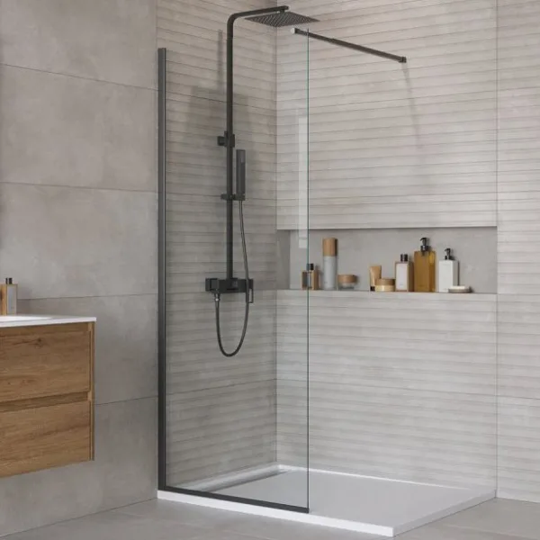 Душевая перегородка BelBagno Kraft 80 см, профиль матовый черный, стекло прозрачное Sancos — Оригинал