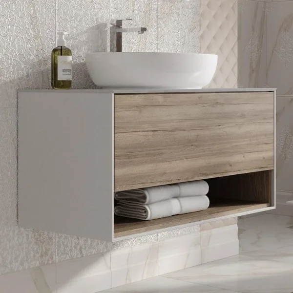 Тумба под раковину без столешницы KERAMA MARAZZI Plaza Modern 100 подвесная, с ящиком и полкой, дуб  Sancos — Оригинал