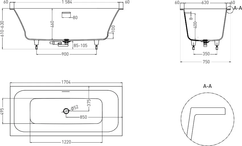 Ванна из искусственного камня Salini Orlanda Axis Kit S-Sense 170x75 см, встраиваемая, белая, на нож Sancos — официальный сайт