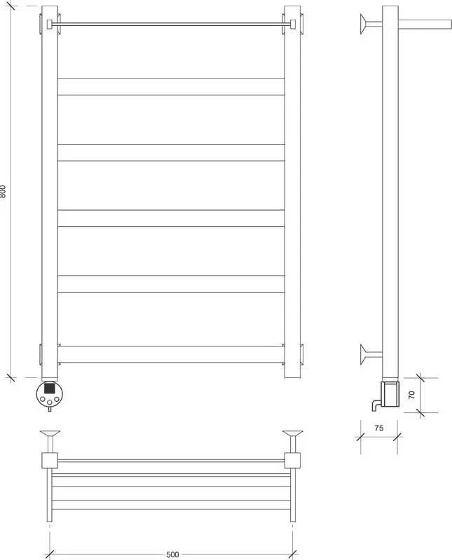 Полотенцесушитель электрический Secado Комано 1 СП , 80x50 ТЭН квадратный скрытый, черный матовый, L Sancos — официальный сайт
