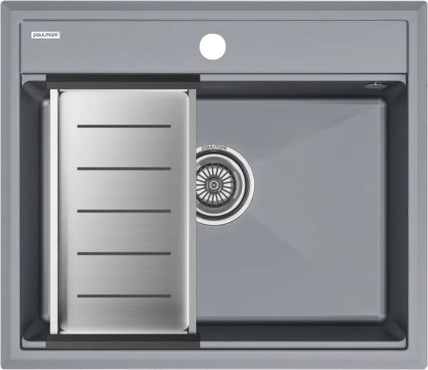 Мойка кухонная Paulmark Stepia PM115951-GRM+A375-BS с коландером, серый металлик Sancos — Оригинал