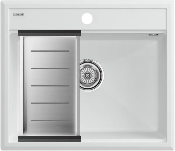 Мойка кухонная Paulmark Stepia PM115951-WH+A375-BS с коландером, белая Sancos — Оригинал