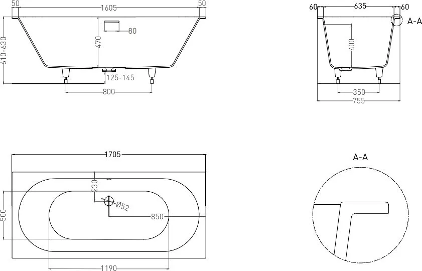 Ванна из искусственного камня Salini Ornella Kit Axis S-Sense 170x75 см, встраиваемая, матовая белая Sancos — официальный сайт
