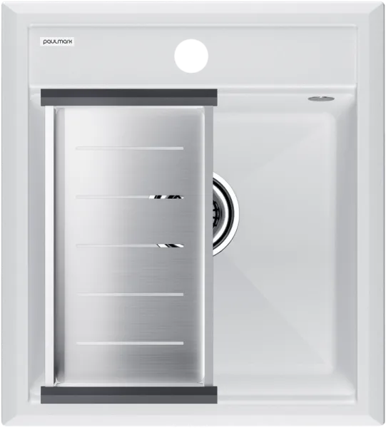Мойка кухонная Paulmark Stepia PM114651-WH+A375-BS с коландером, белая Sancos — Оригинал
