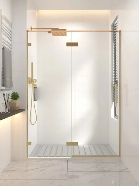 Душевая дверь в нишу Veconi Premium Alassio G 140x200, профиль брашированное золото, стекло прозрачн Sancos — Оригинал