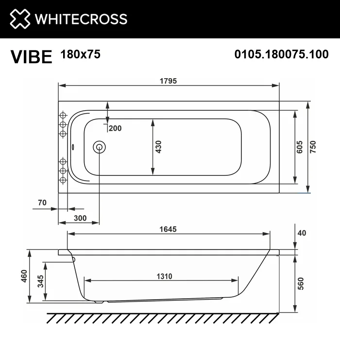 Акриловая ванна WHITECROSS Vibe 180x75 см, пристенная, белая Sancos — официальный сайт